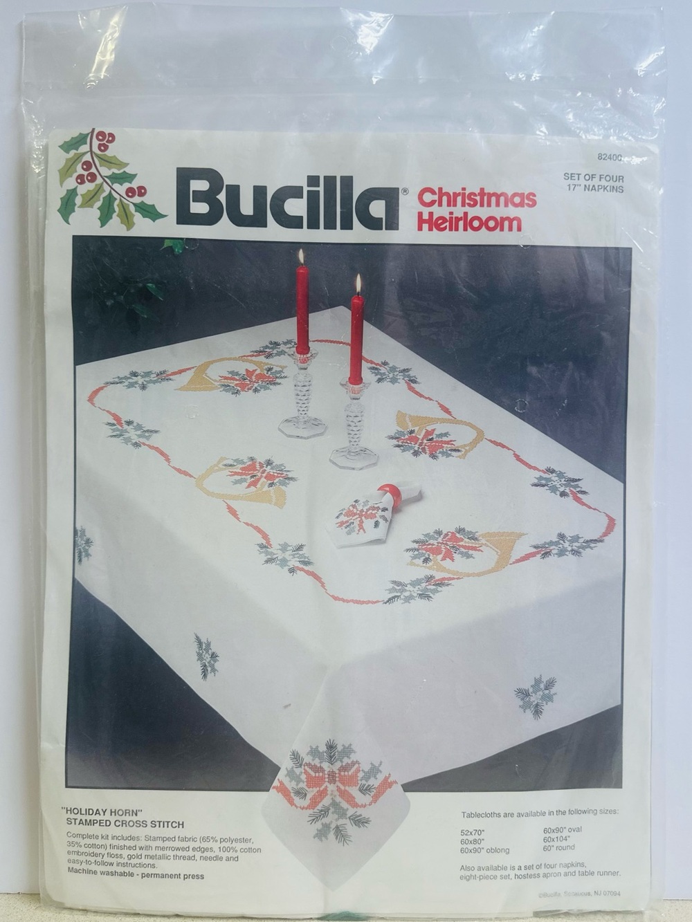Bucilla "Holiday Horn" Stamped Cross Stitch Napkins Kit Set of 4 #82400